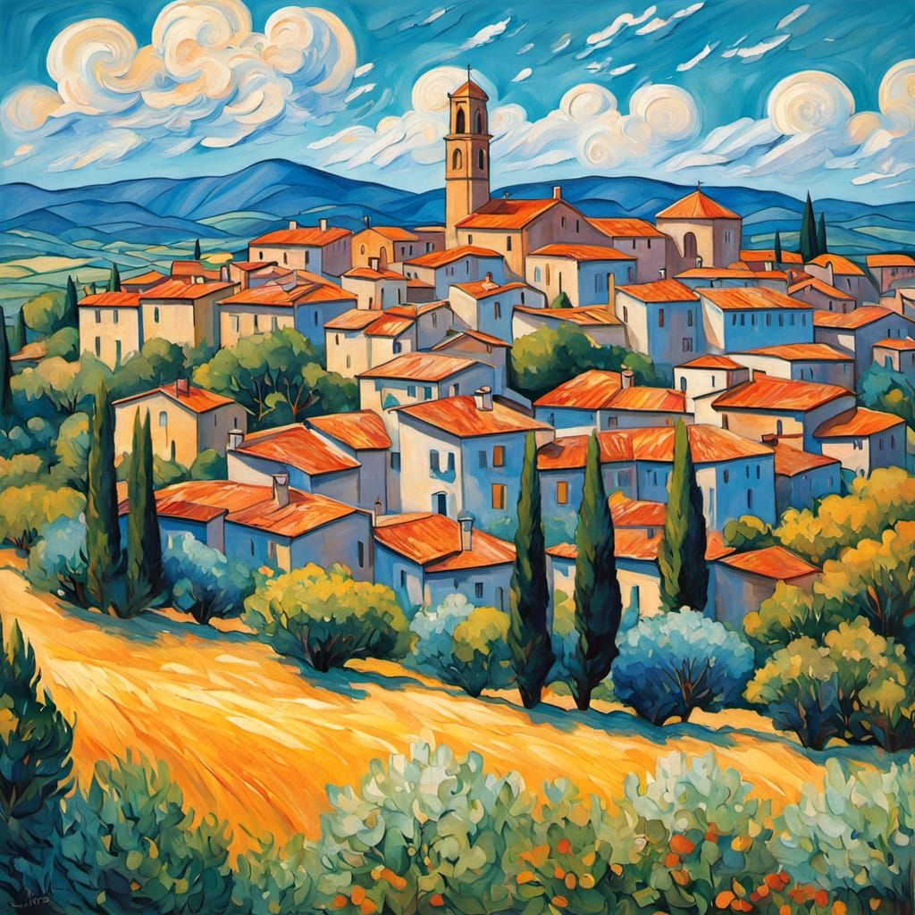 Italian Village Scene in Neo-Impressionist Style