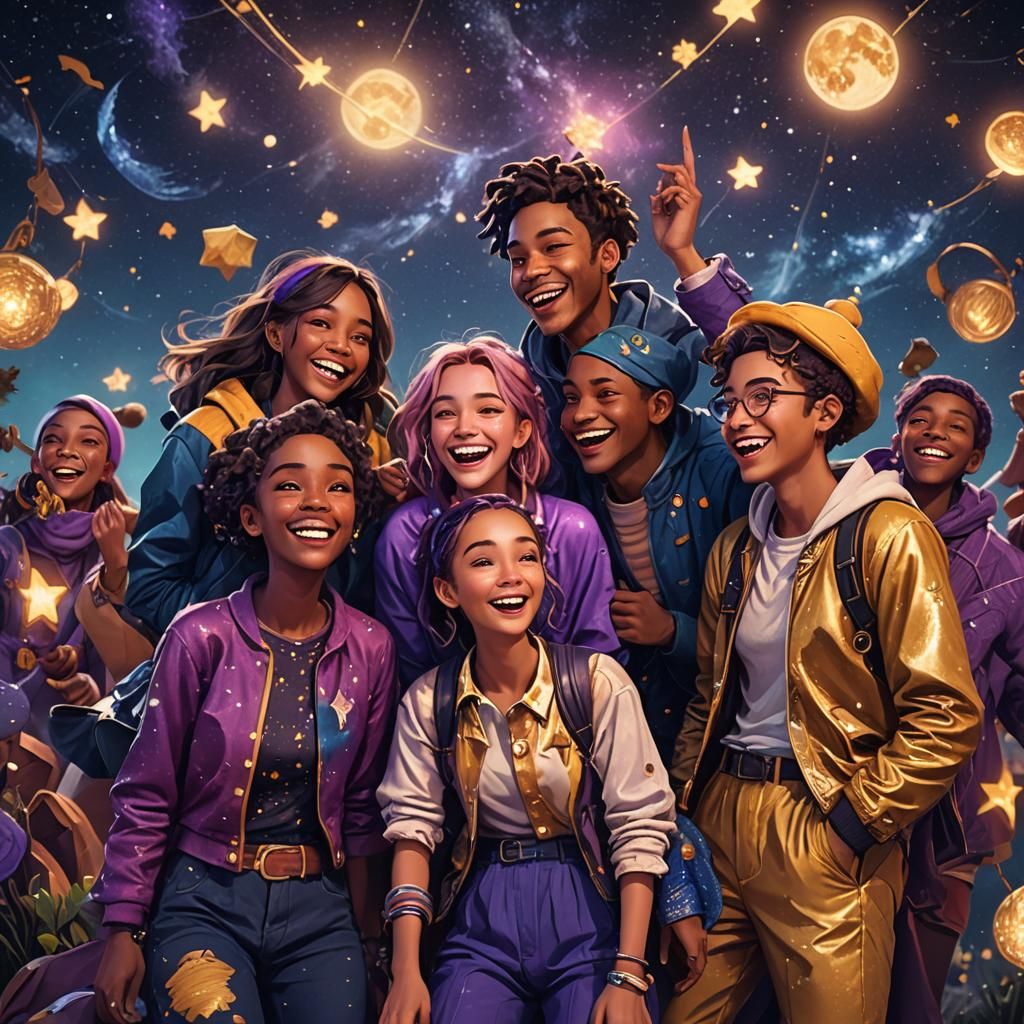 Laughing Youth Under Starry Skies: Vibrant Concept Art