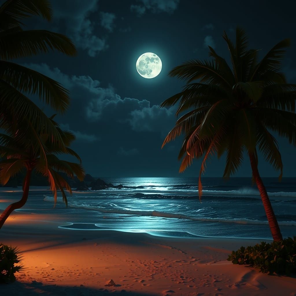 Moonlit Palm Trees on a Fantasy Beach