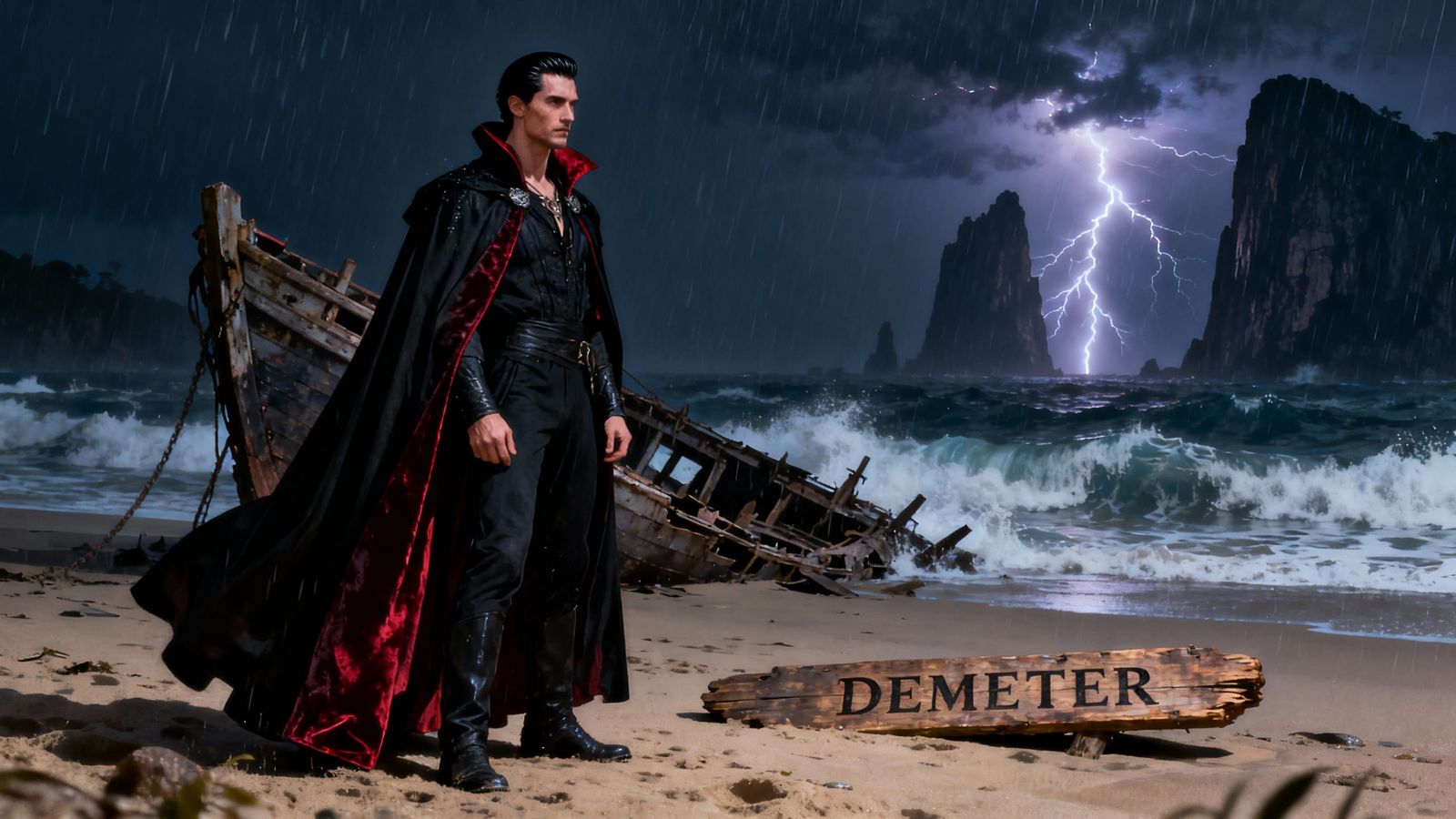 Dracula on Stormy Beach Before Shipwreck