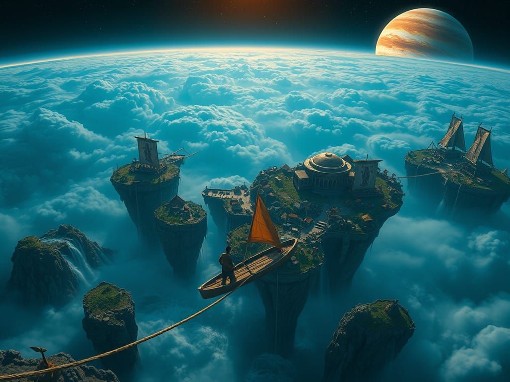 Flying Temple Town Amidst Jupiter's Atmosphere