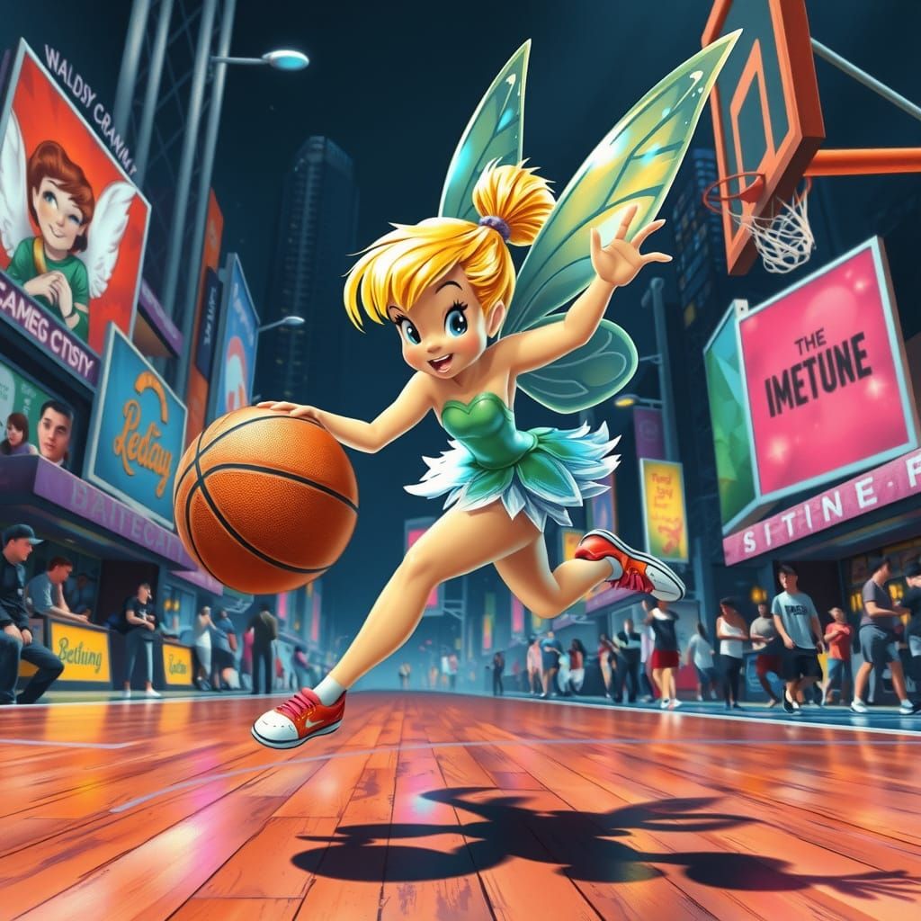 Iridescent Tinkerbelle in Mid-Air Basketball Action