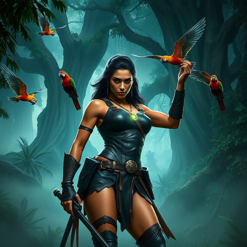 Heroic Amazonian Warrior in Vibrant Rainforest, Inspired by ...