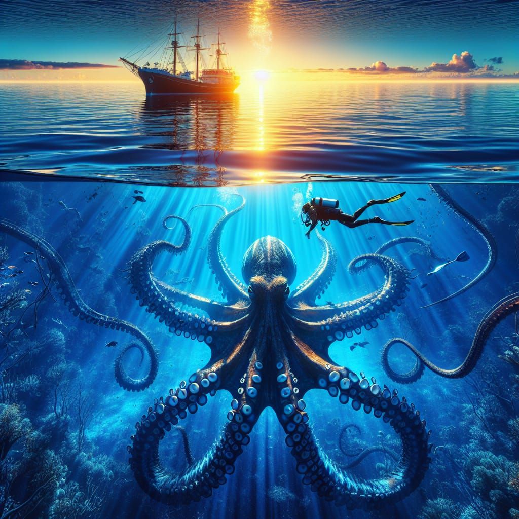 Underwater Kraken in Vibrant Sunset