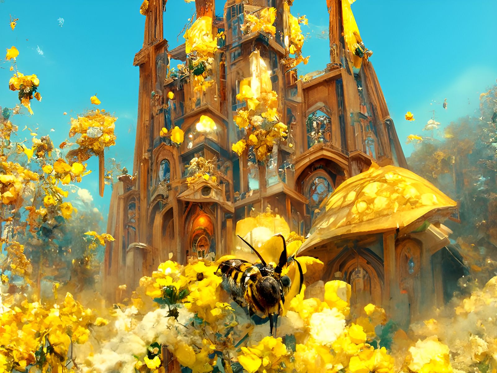 Bee Cathedral at Noon with Honeycomb and Flowers