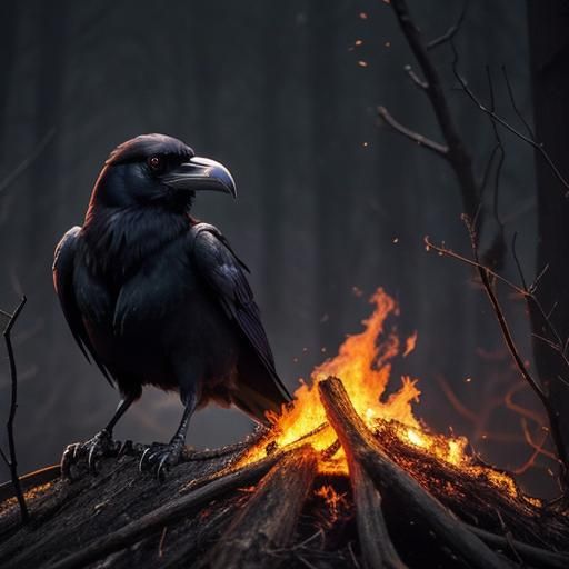 Soot Raven in Forest Fire with Gold Eyes