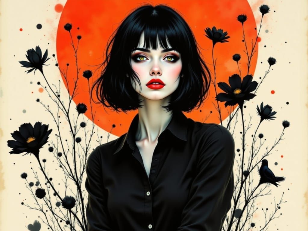 Surreal Portrait of a Young Woman in a Moody, Watercolor-Ins...