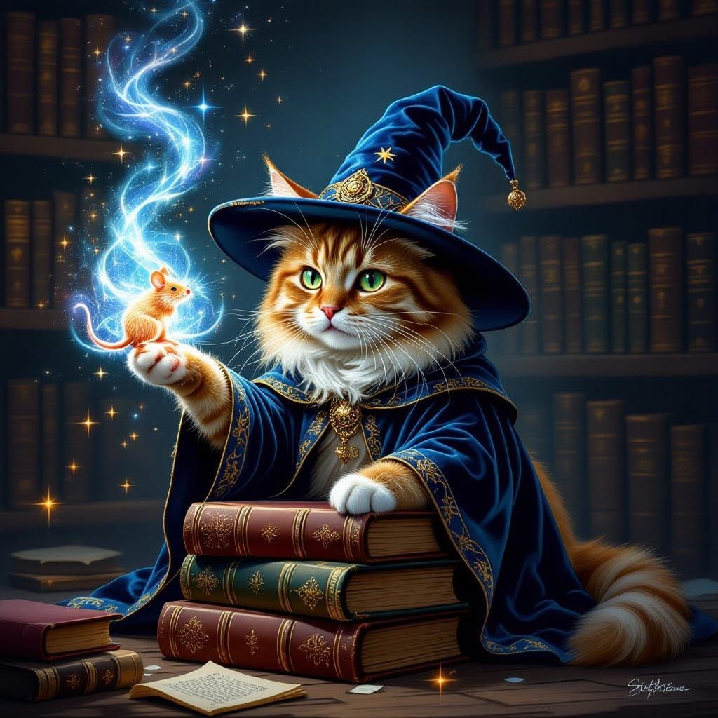 Cat Wizard Conjures Stardust Mouse in Dusty Library