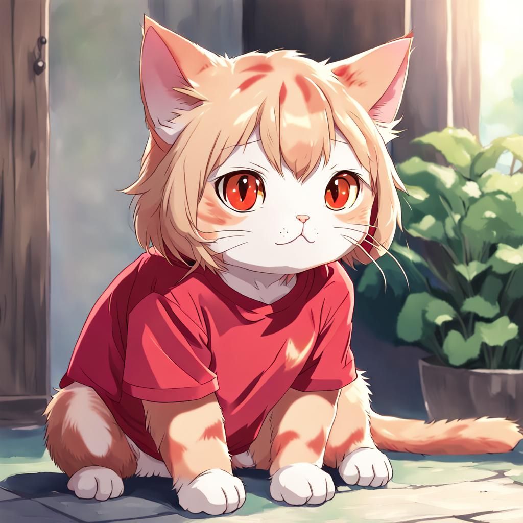Anime Cat in Red Shirt Illustration