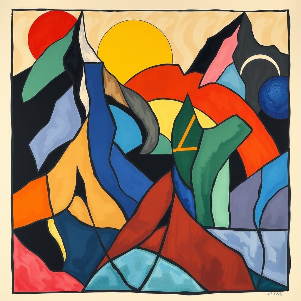 Geometric Mountain Landscape in Cubist Style