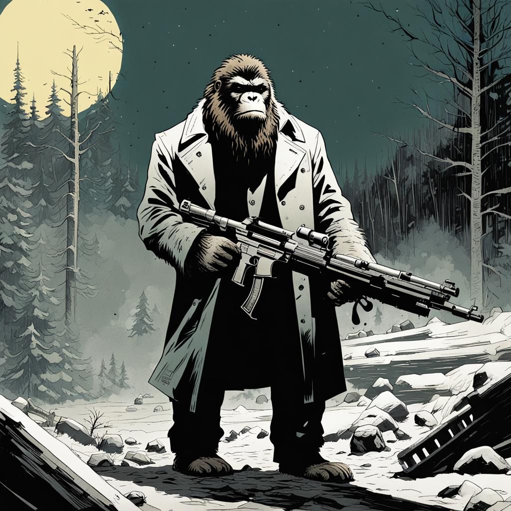 Bigfoot in Trenchcoat with Machine Gun: Graphic Novel Art