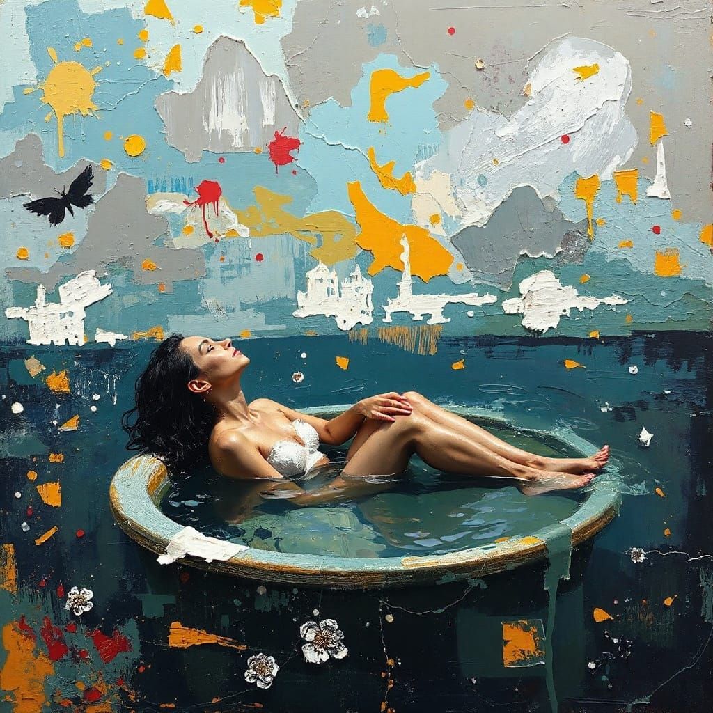 Dreamlike Bathing Woman in Expressionist Landscape