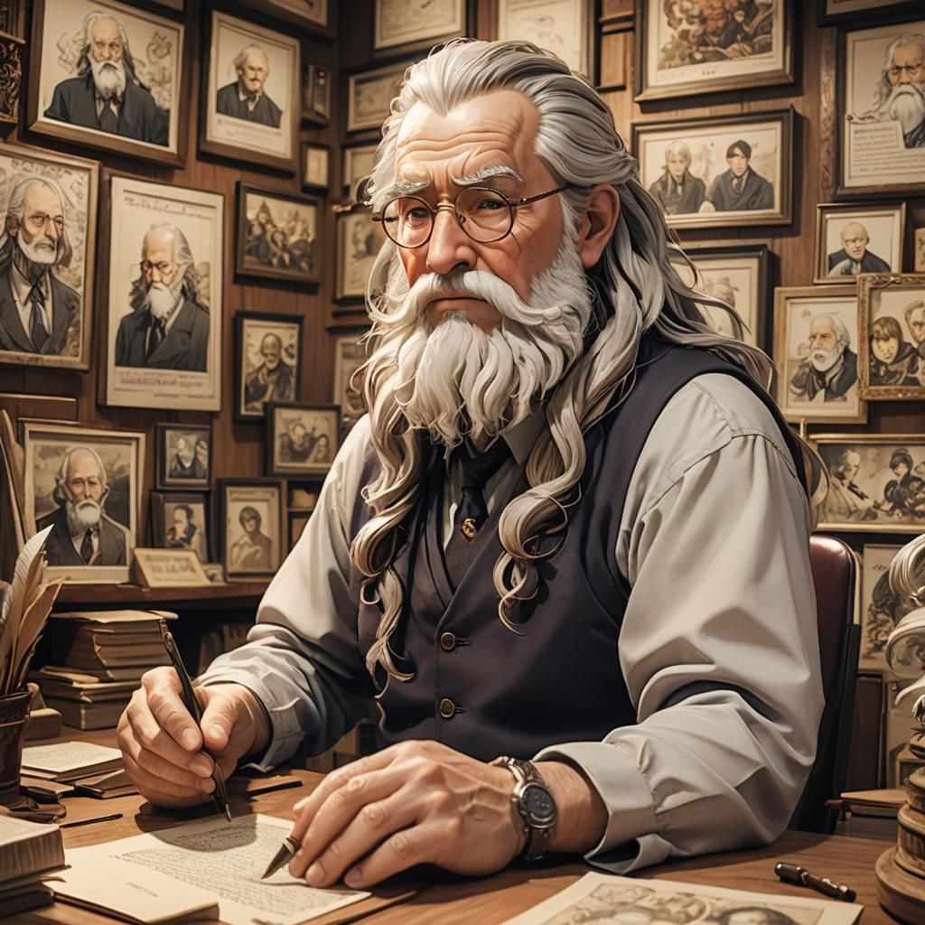 Elderly Writer Contemplates Literary Icons in Hyper-Realisti...