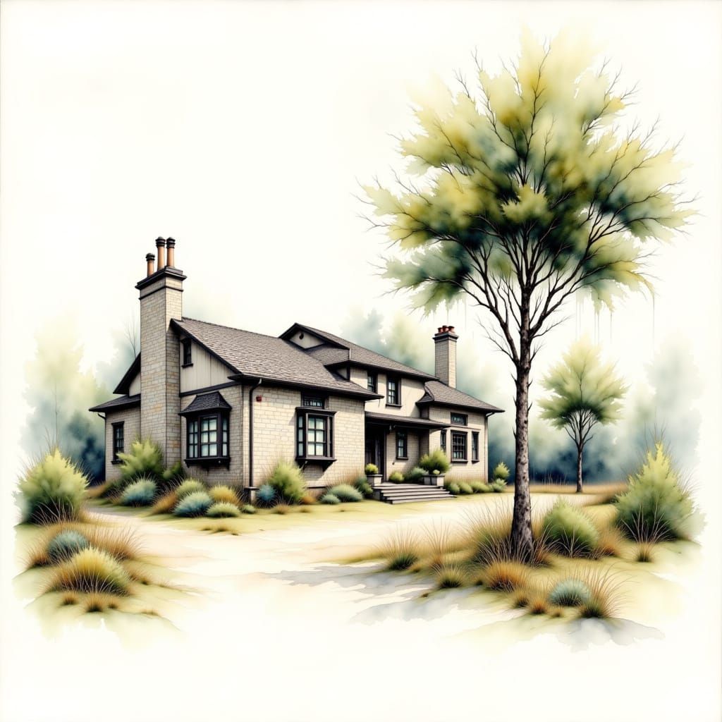 Stone House and Tree Ink Watercolor Painting
