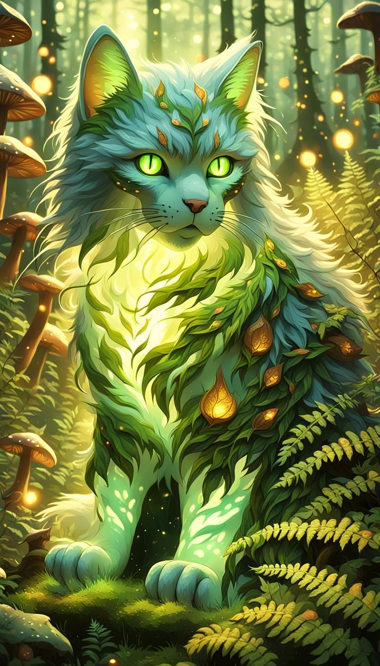 Green Cat Creature in Misty Forest, as 3D Art
