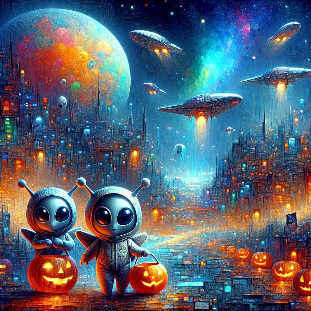 Alien Kids Trick or Treat in Futuristic City