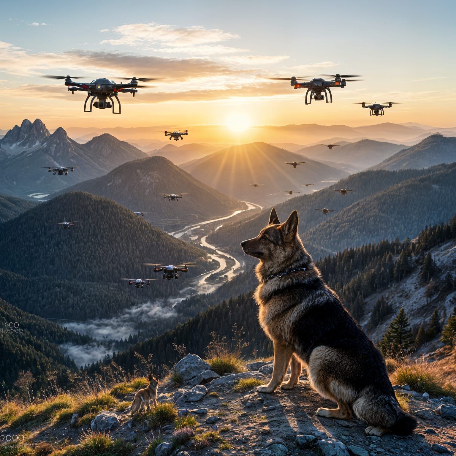 German Shepherd Overlooks Cyberpunk Drone Valley
