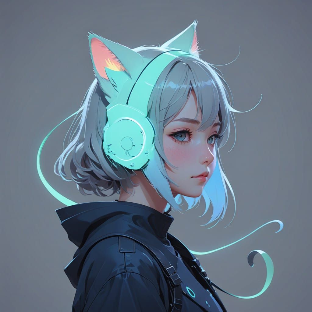 Cute Anime Catgirl in Pastel Neon Illustration