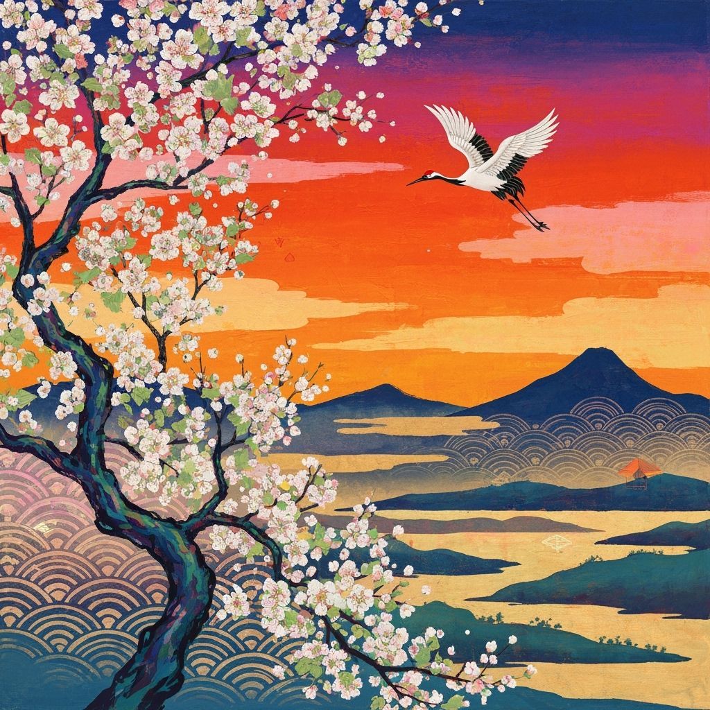 Abstract Cherry Tree Sunset with Crane in Japanese Style