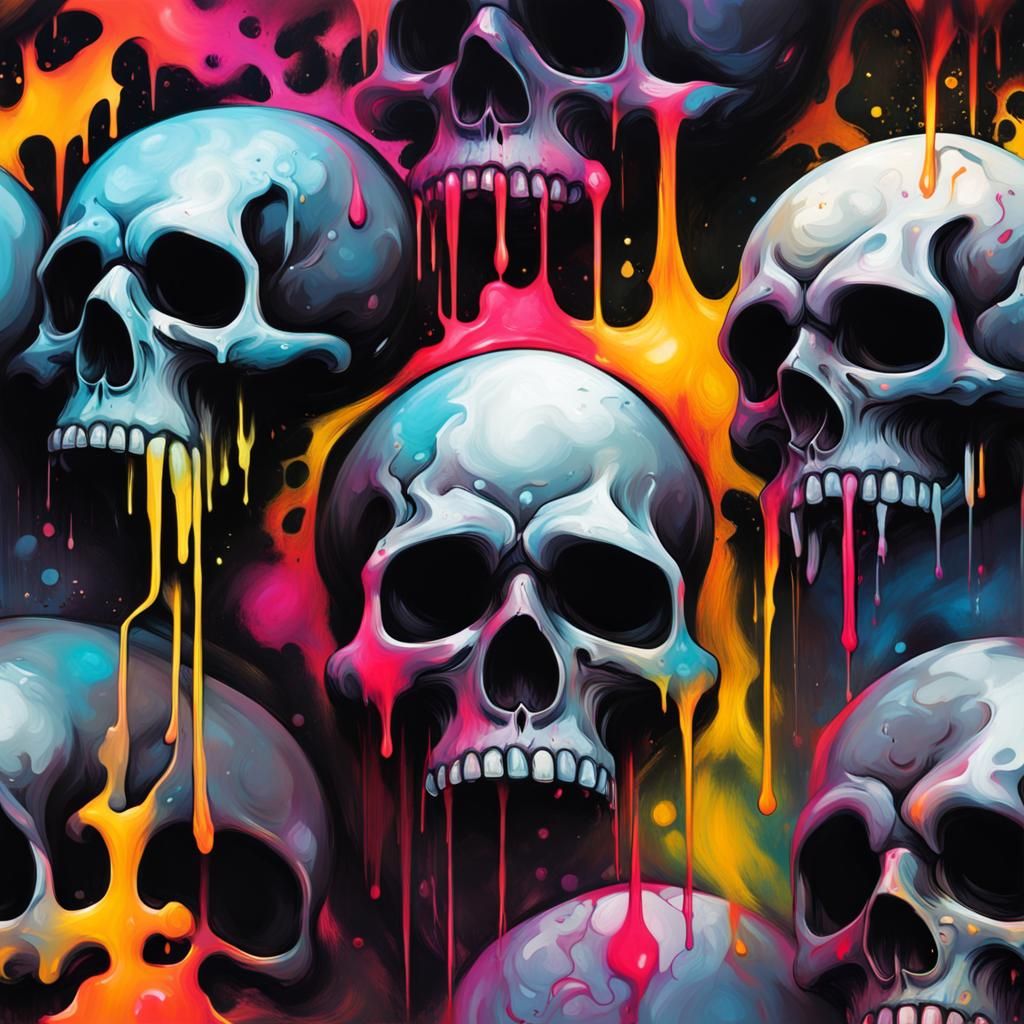 Glowing Runes on Black Skulls in Graffiti Art