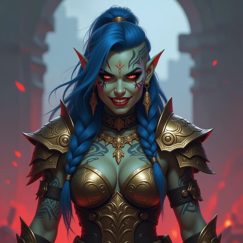 Female Goblin Barbarian in Gold Armor with Blue Hair