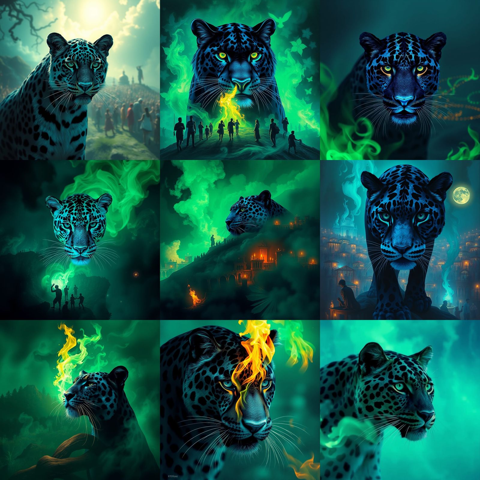 Surreal Cityscape with Jaguar God and Celestial Owl