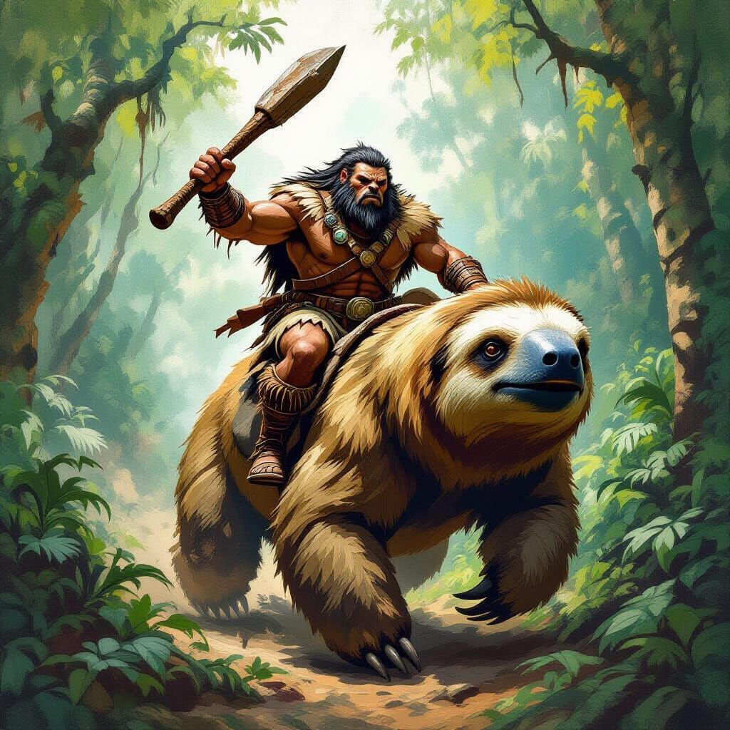 Prehistoric Warrior Riding a Giant Sloth Painting