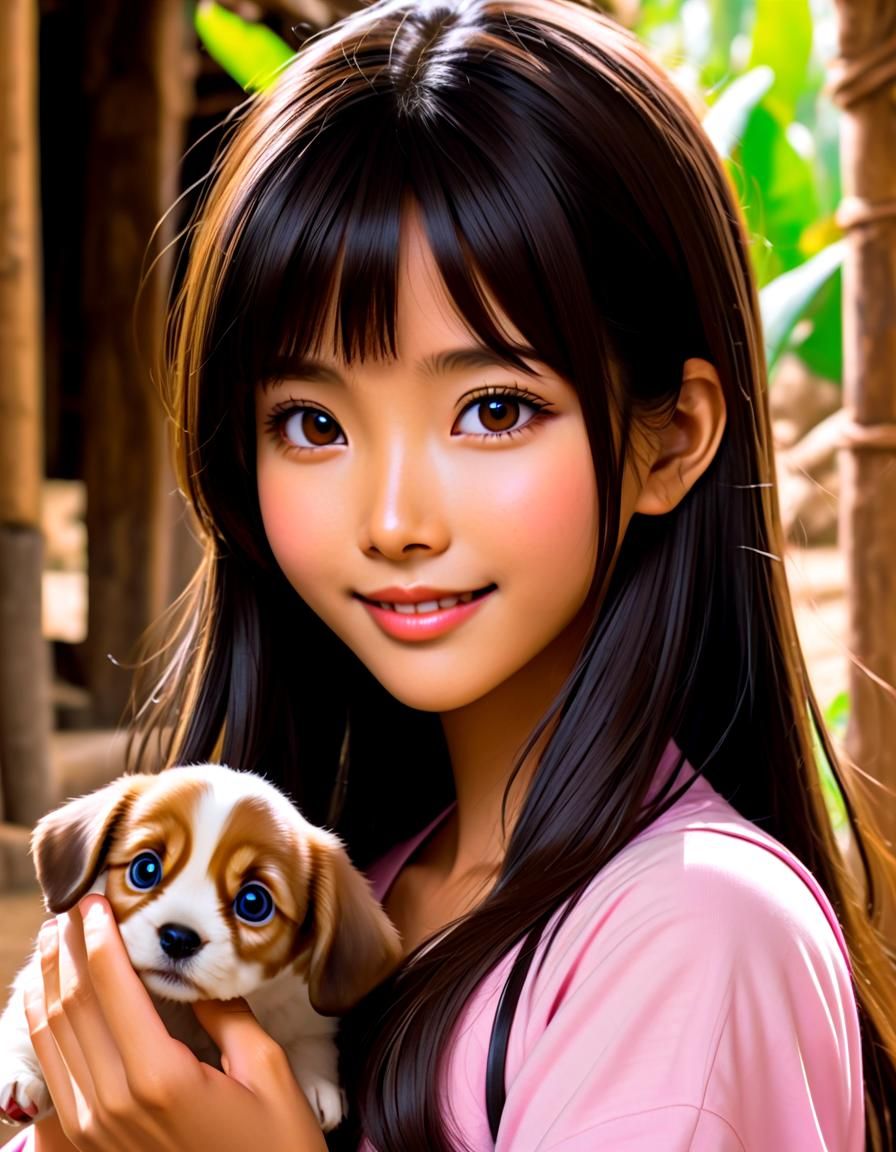 Laotian Woman's Loving Gaze with Puppy in Pinku Style