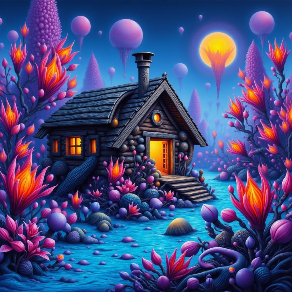 Alien Log Cabin on Blue Planet in Film Still