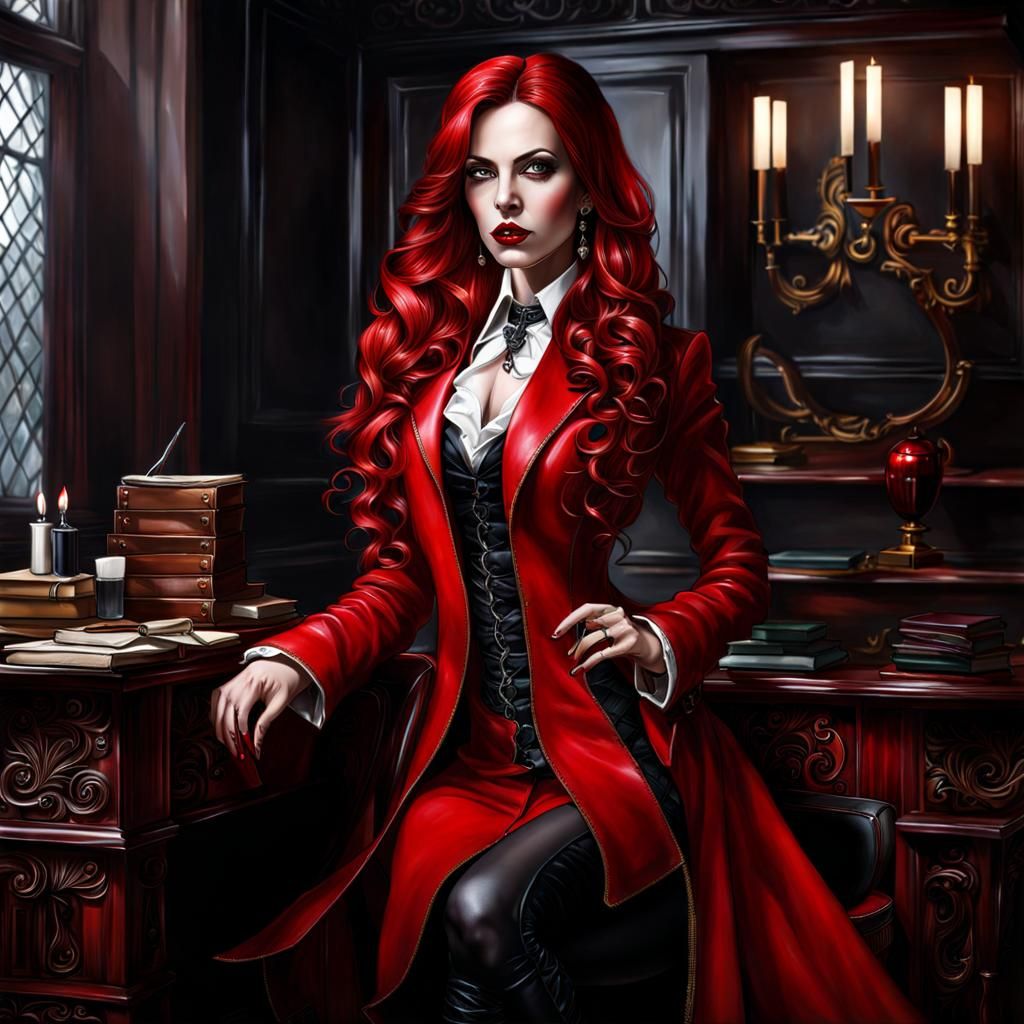 Gothic Magic Teacher in Red Leather Coat