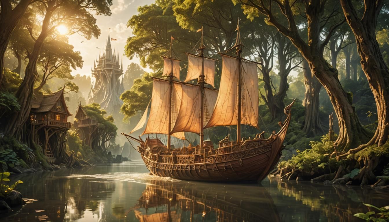 Elven Ship on Serene River in Misty Forest