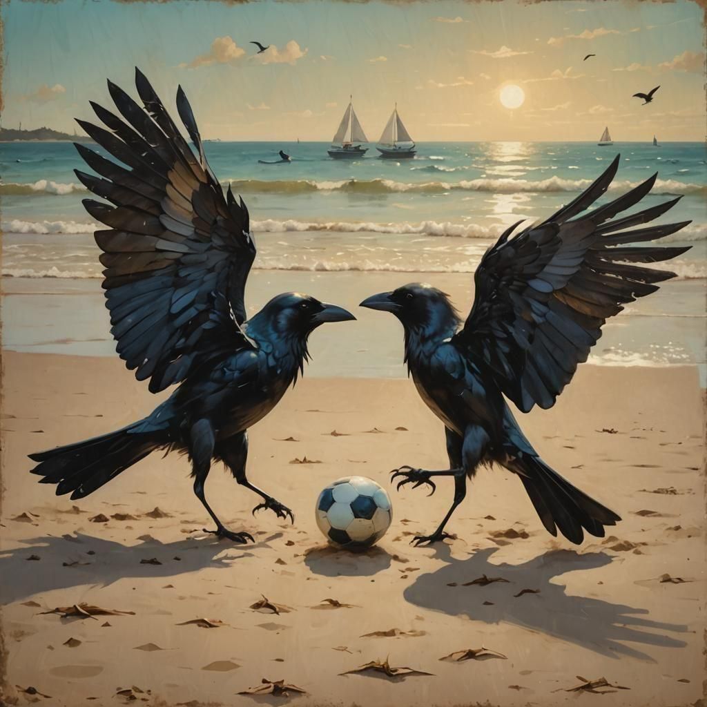 Crows Playing Soccer on Beach: Cinematic Still