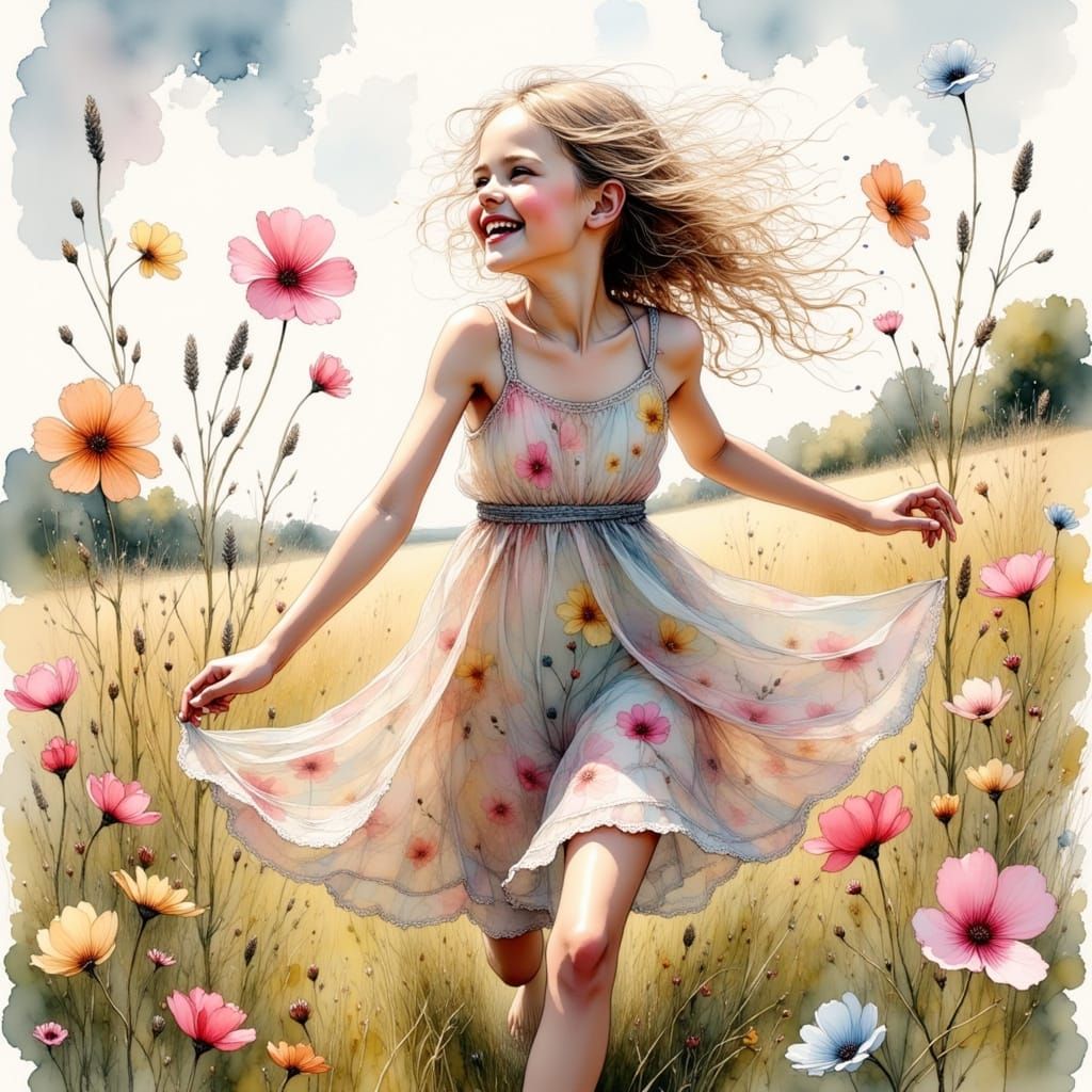 Girl in Whimsical Wildflower Field