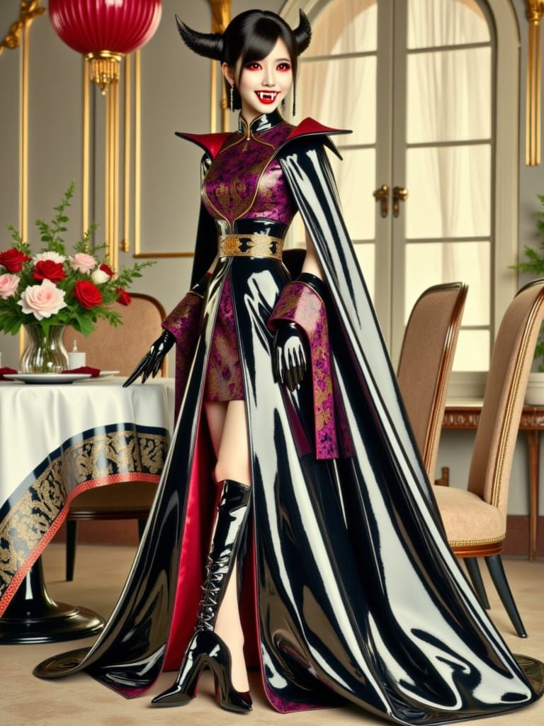 Chinese Vampire in Purple Cheongsam, Hyperrealistic Art