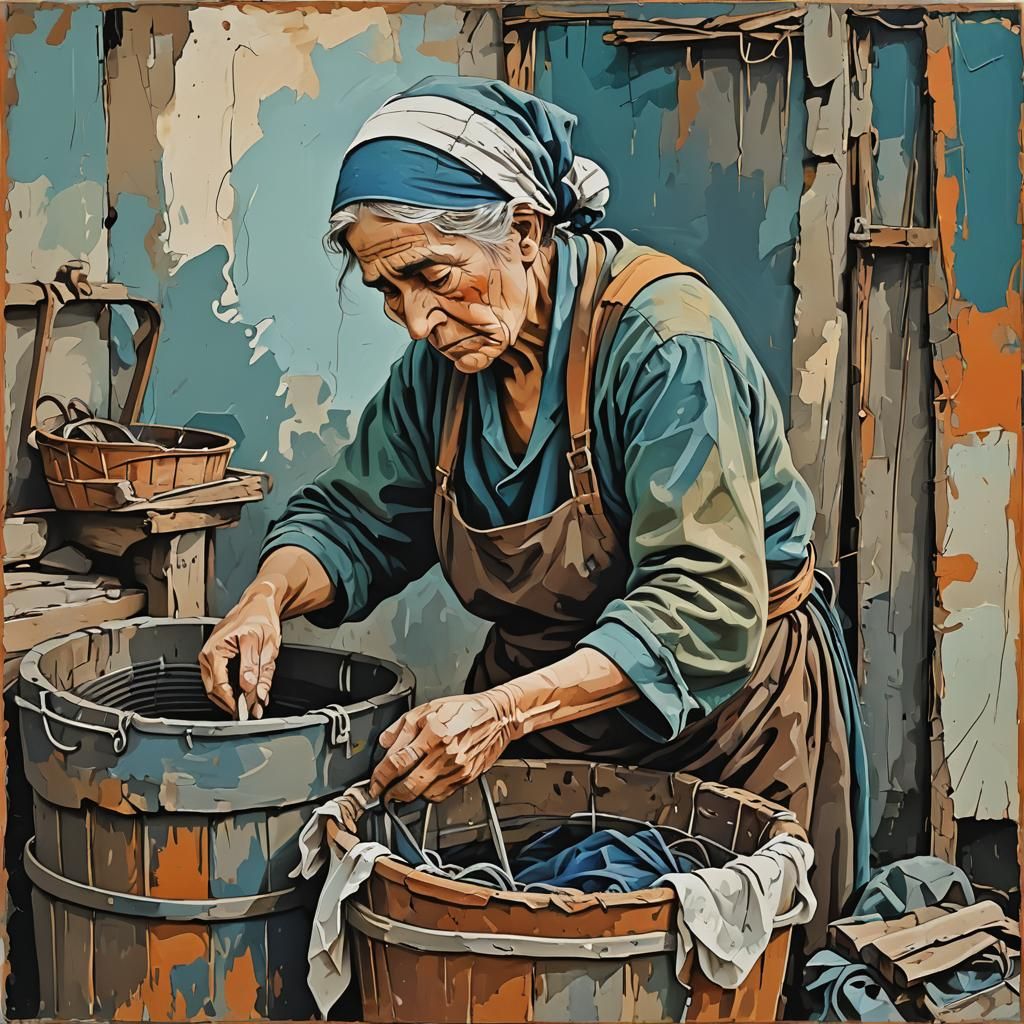 exhausted old washerwoman