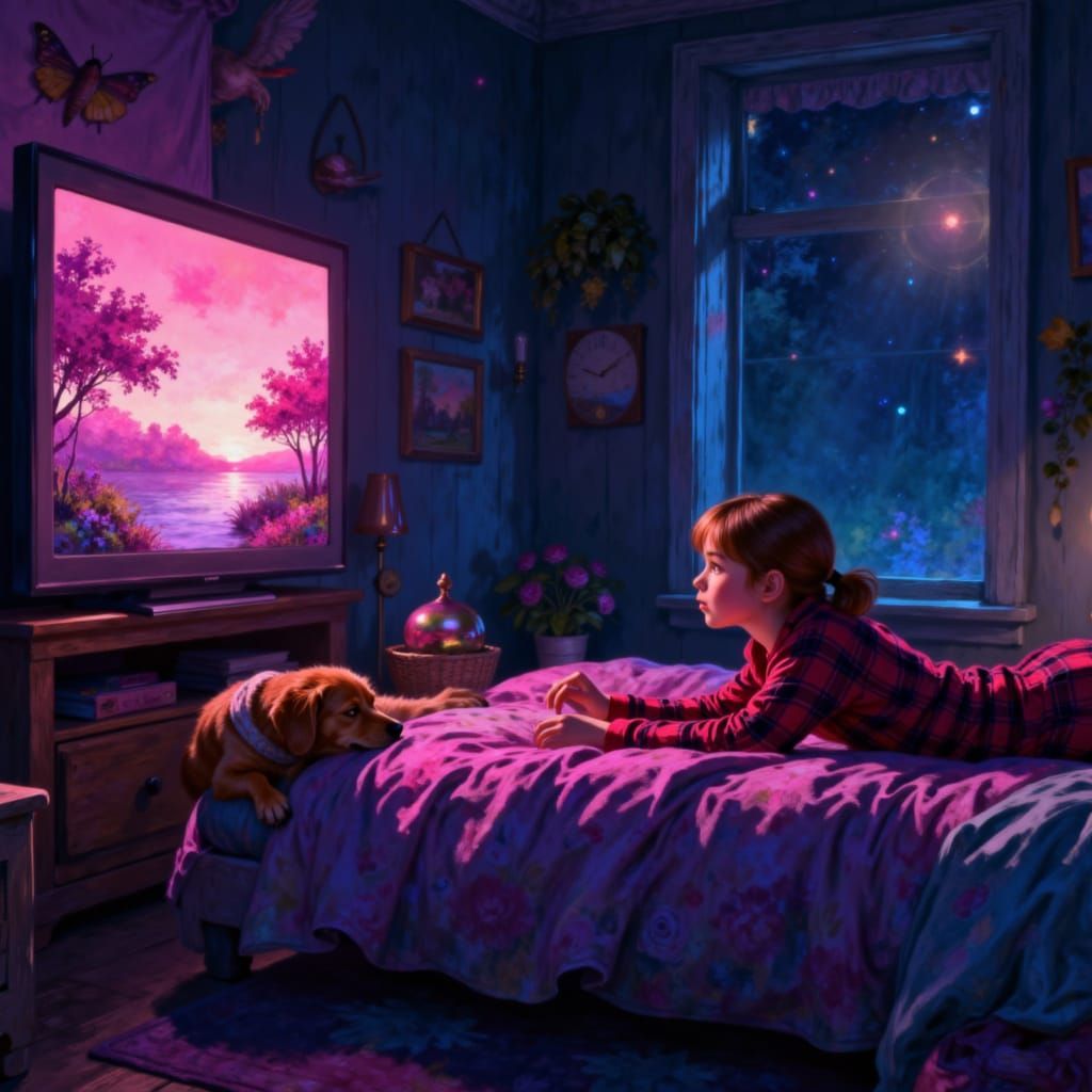 Girl and Dog Watch TV in Decorated Room
