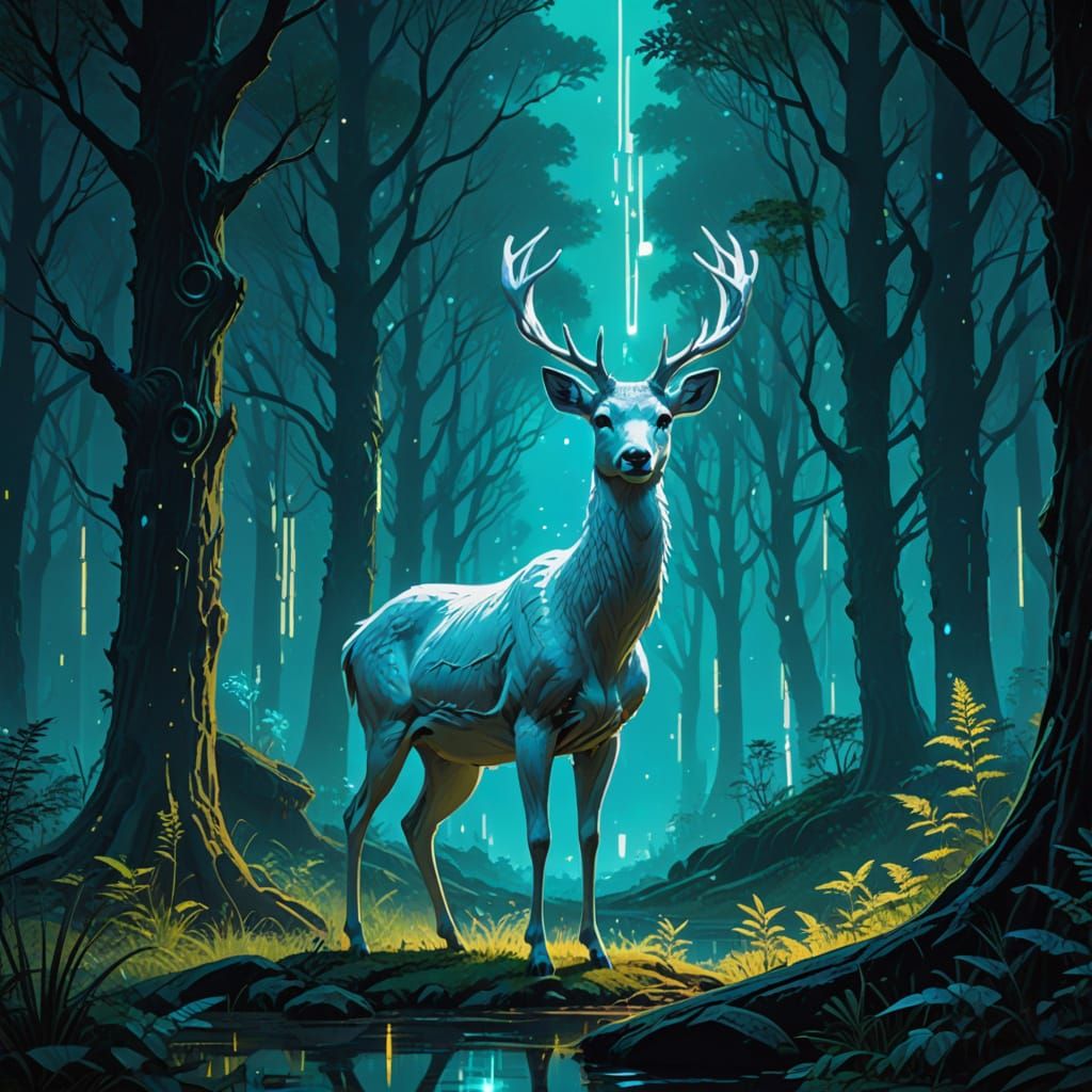 Enchanted White Deer in Moonlit Forest