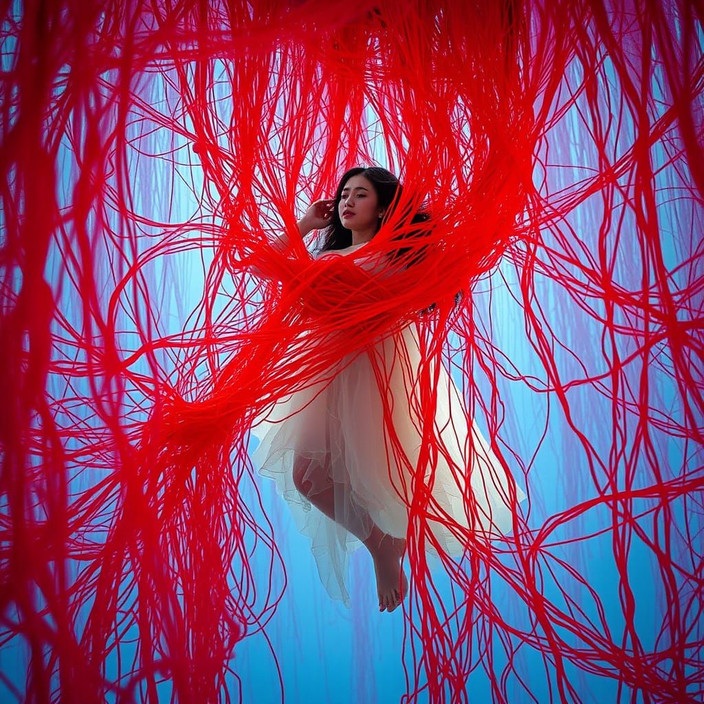 Whimsical Woman in Vibrant Yarn Labyrinth