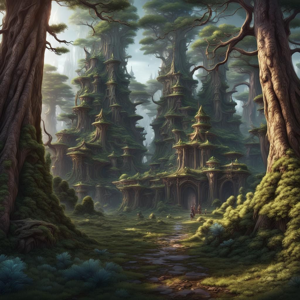 Enchanting Elf Colony Hidden in a Pine Forest