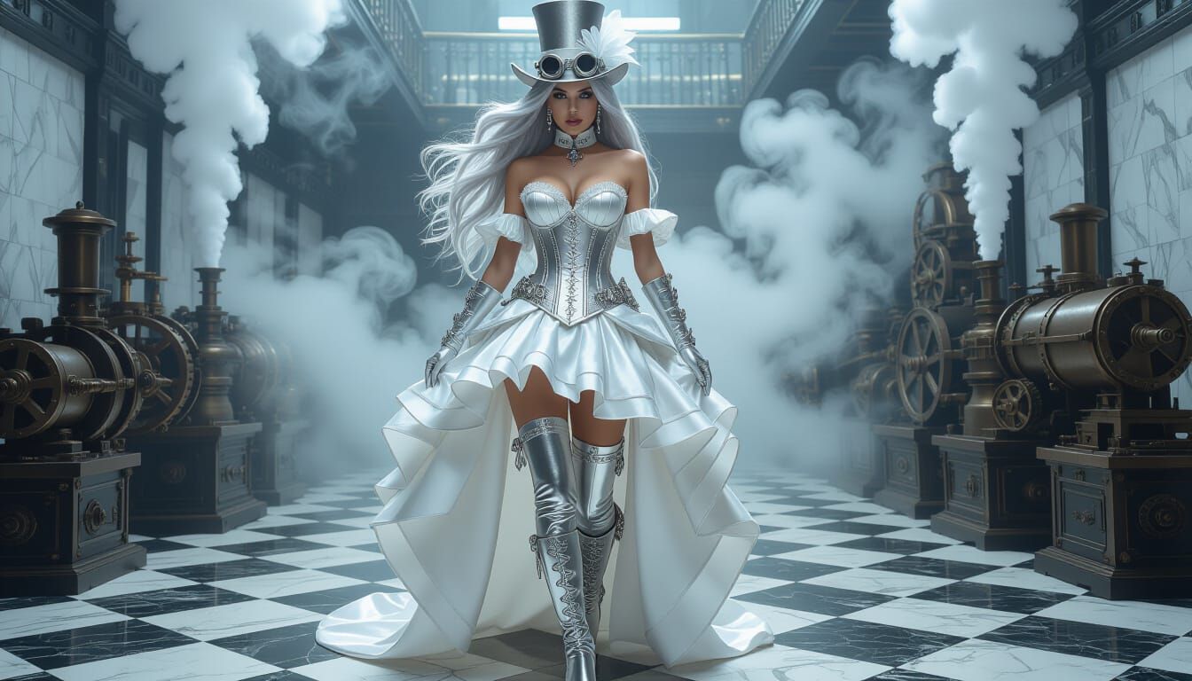 Steampunk Woman Portrait in Silver & White
