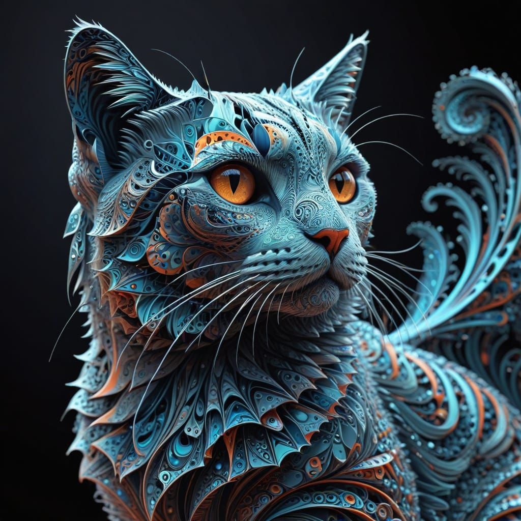 Whimsical Cyberpunk Feline in Abstract Fractal Realm