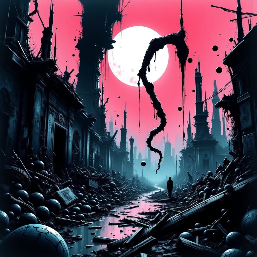 Haunting Cityscape of Existential Despair in Cyberpunk Style