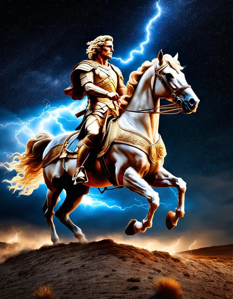 Alexander the Great on War Horse Under Stormy Sky