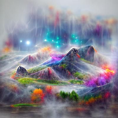 Mystical Mountain Landscape in Mixed Media Style