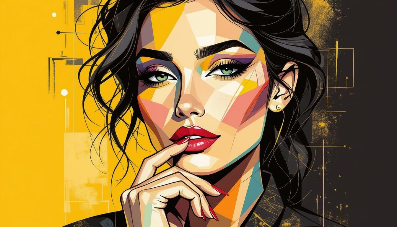 Abstract Ink Portrait of Woman Blending Realism and Geometry