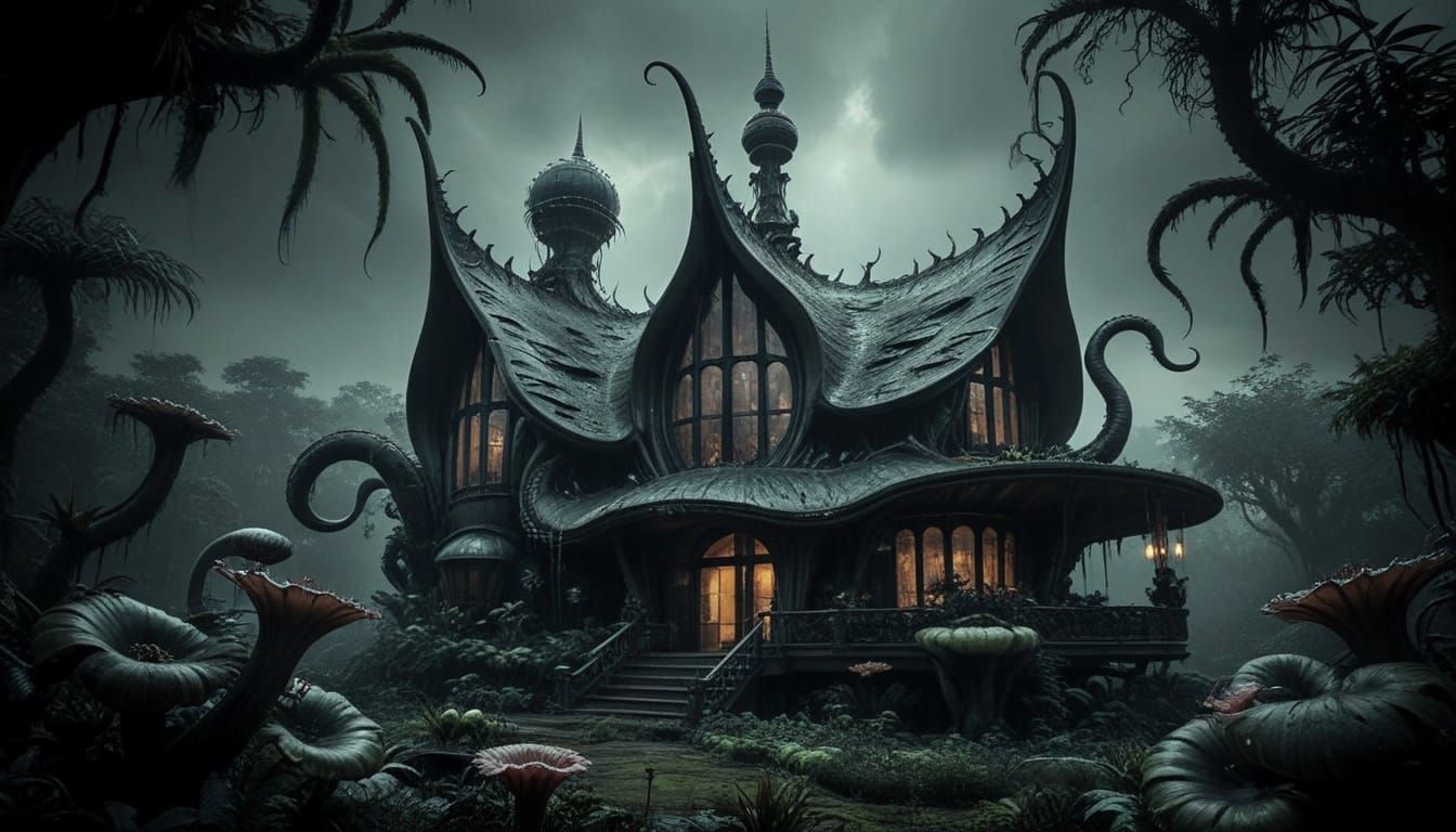Giger-Inspired Summerhouse with Carnivorous Plants