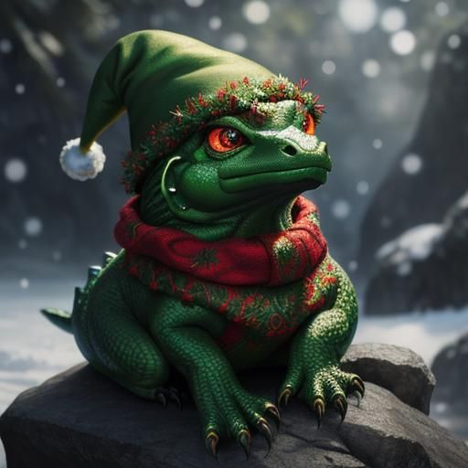 Festive Green Dragon Cub in Christmas Outfit