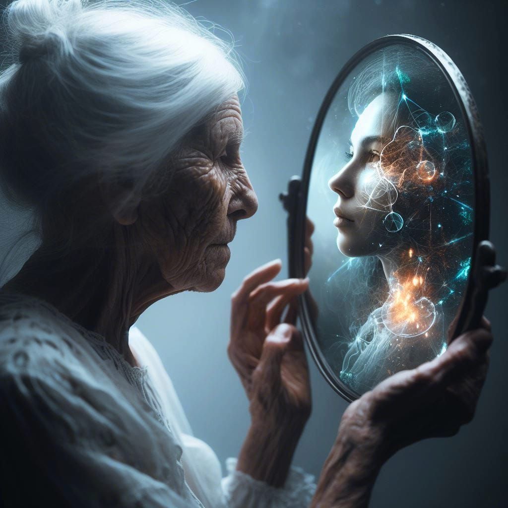 Surreal Double Exposure: Old Woman's Reflection in Unreal En...