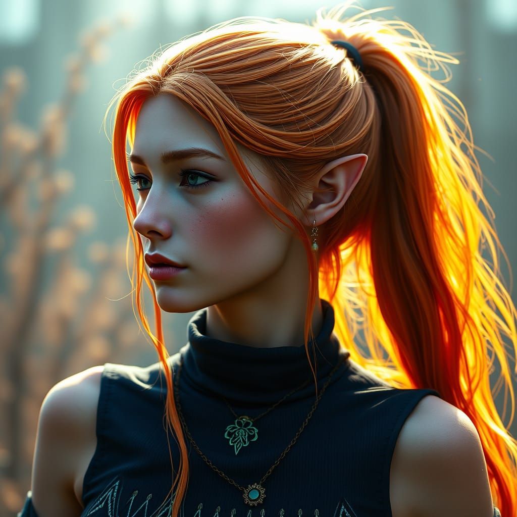 Ethereal Elf Druid in Vibrant Orange Hair and Dark Blue Tank...