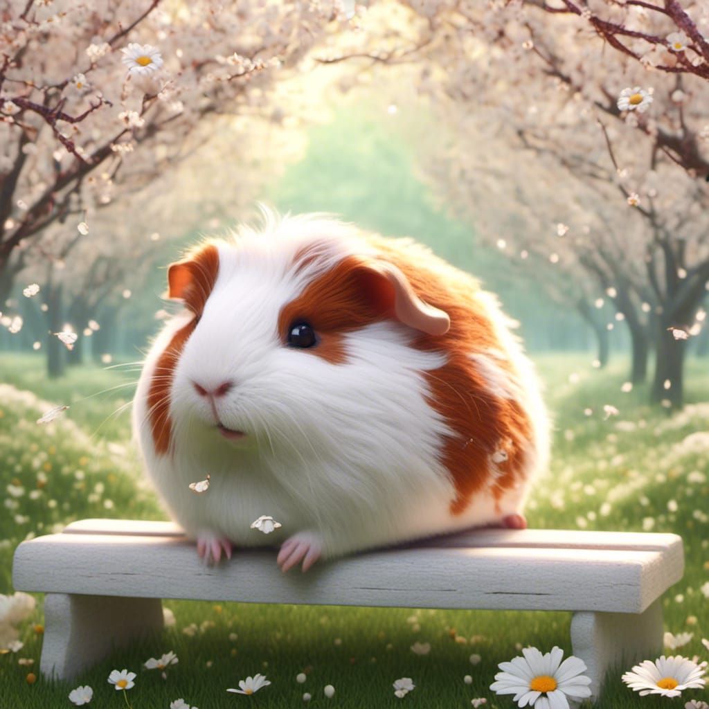 Pixar Guinea Pig with Cherry Blossoms and Daisies